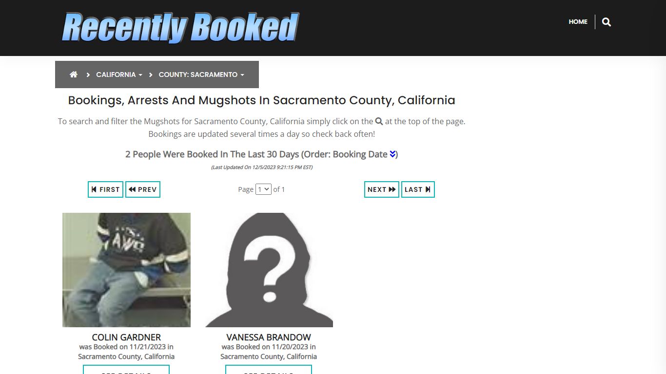 Bookings, Arrests and Mugshots in Sacramento County, California